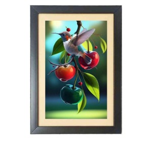 A bird is flying over an apple tree Black Photo Frame Funny Animal and Bird Cartoon Art