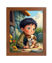 AI Funny Boy with Cute Dog Art Picture for Kids - 10x14 inches, Brown Color - Perfect Wall Decor for Children's Room