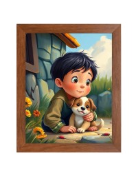 AI Funny Boy with Cute Dog Art Picture for Kids - 16x20 inches, Brown Color - Perfect Wall Decor for Children's Room