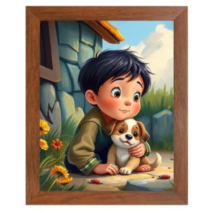 AI Funny Boy with Cute Dog Art Picture for Kids - 10x14 inches, Brown Color - Perfect Wall Decor for Children's Room