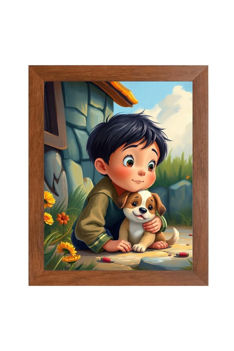 AI Funny Boy with Cute Dog Art Picture for Kids - 10x14 inches, Brown Color - Perfect Wall Decor for Children's Room