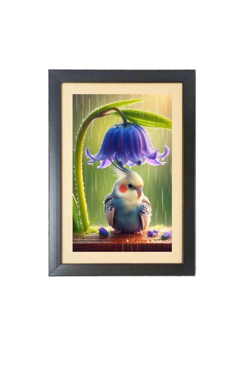 Purple color bird under roof of purple colour flower Photo Frame Funny Animal and Bird Cartoon Art, Black color, 15x19 Inch