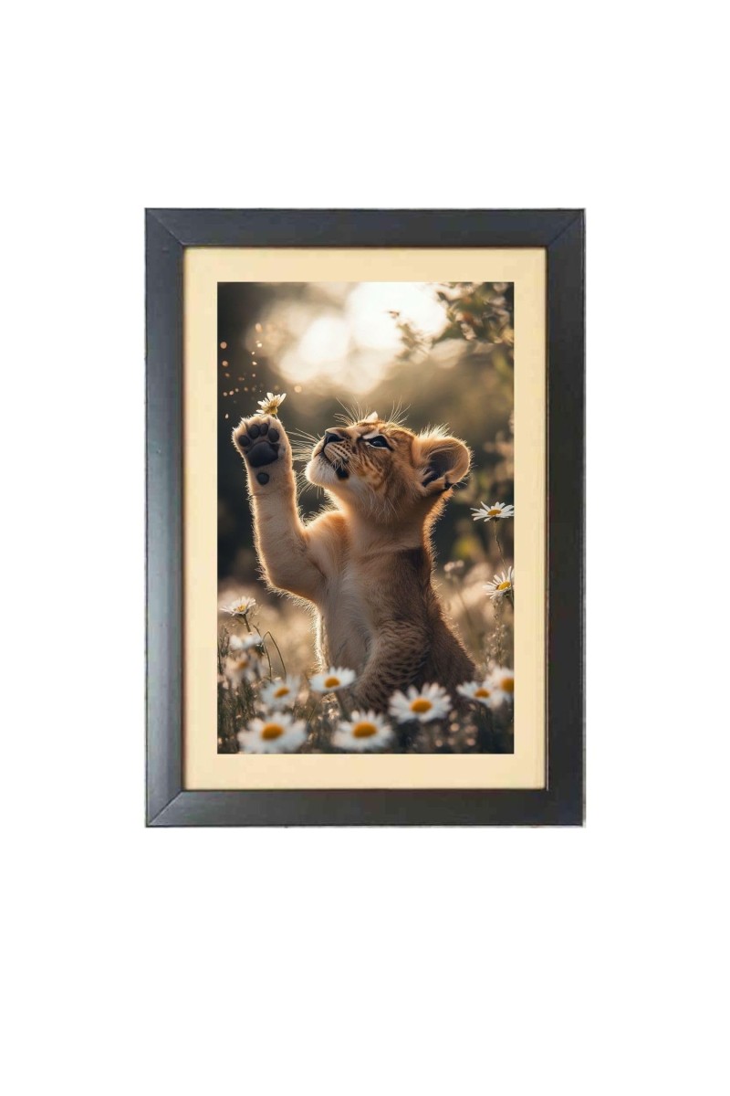 The fierce tiger gently held a delicate flower Black Photo Frame Funny Animal and Bird Cartoon Art