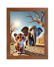 AI Funny Tiger and Elephant Art Picture for Kids - 12x16 inches, Brown Color - Perfect Wall Decor for Children's Room