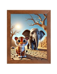 AI Funny Tiger and Elephant Art Picture for Kids - 10x14 inches, Brown Color - Perfect Wall Decor for Children's Room