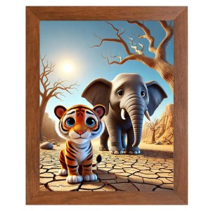 AI Funny Tiger and Elephant Art Picture for Kids - 10x14 inches, Brown Color - Perfect Wall Decor for Children's Room