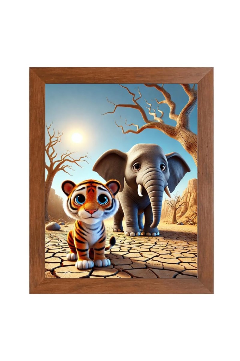 AI Funny Tiger and Elephant Art Picture for Kids - 16x20 inches, Brown Color - Perfect Wall Decor for Children's Room