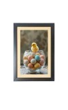 The cute baby chick is sitting under a bowl of eggs Black Photo Frame Funny Animal and Bird Cartoon Art