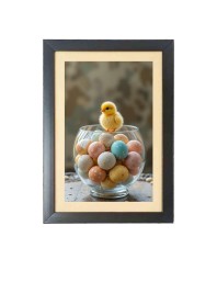 The cute baby chick is sitting under a bowl of eggs Black Photo Frame Funny Animal and Bird Cartoon Art