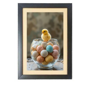 The cute baby chick is sitting under a bowl of eggs Black Photo Frame Funny Animal and Bird Cartoon Art