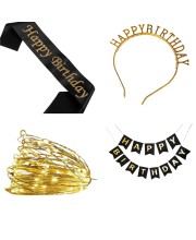 Party Decoration Combo – Hairband, Tuni LED Bulb, Birthday Sash & Foil Curtain – Perfect Birthday Celebration Set for Girls & Women (GOLDEN)