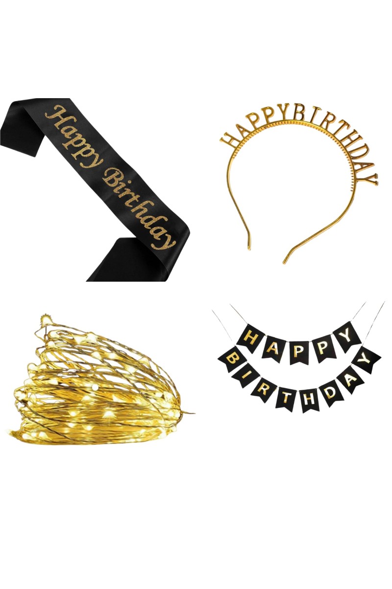 Party Decoration Combo – Hairband, Tuni LED Bulb, Birthday Sash & Foil Curtain – Perfect Birthday Celebration Set for Girls & Women (GOLDEN)