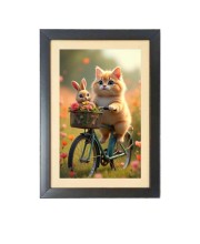 The cute cat and the rabbit are riding a bicycle Black Photo Frame Funny Animal and Bird Cartoon Art