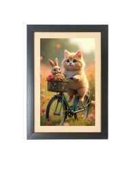 The cute cat and the rabbit are riding a bicycle Photo Frame Funny Animal and Bird Cartoon Art, Black color, 17x21 Inch