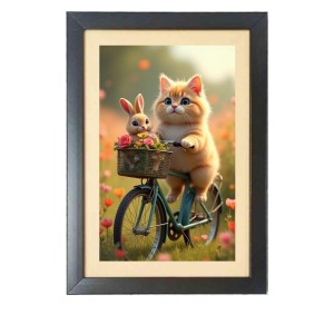 The cute cat and the rabbit are riding a bicycle Photo Frame Funny Animal and Bird Cartoon Art, Black color, 11x15 Inch