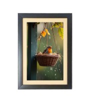 The cute bird in the round basket Black Photo Frame Funny Animal and Bird Cartoon Art