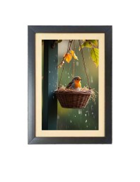 The cute bird in the round basket Photo Frame Funny Animal and Bird Cartoon Art, Black color, 19x23 Inch