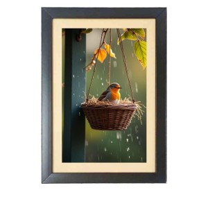 The cute bird in the round basket Photo Frame Funny Animal and Bird Cartoon Art, Black color, 19x23 Inch