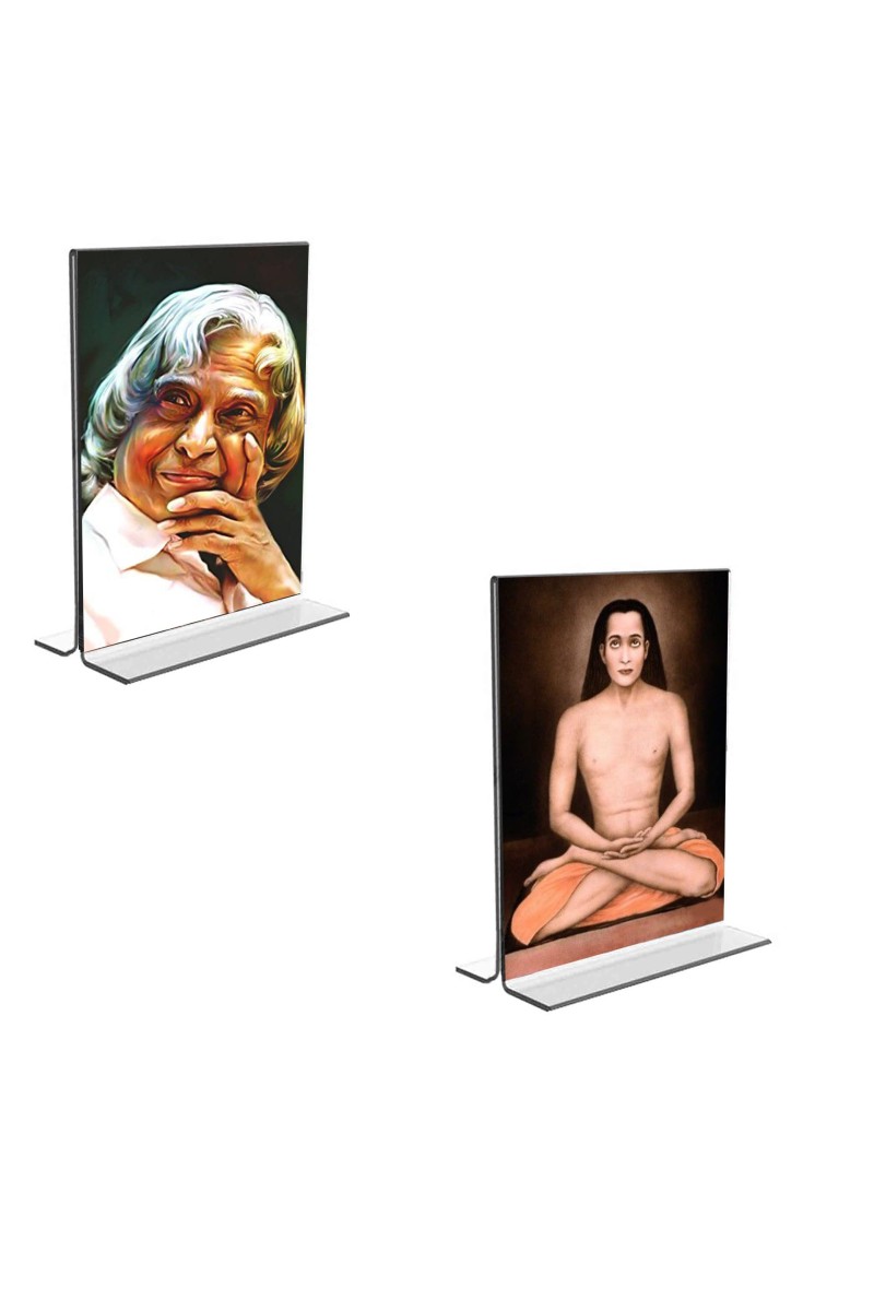 Car Desk/Table Top Sri Sri Yogananda & Mahavatar Babaji Acrylic T-Style Photo Stand - 2.5x3.5 Inches, Compact and Stylish Spiritual Display, easily change 2 photos (Pack of 1)