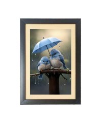 Love birds under umbrella Photo Frame Funny Animal and Bird Cartoon Art, Black color, 19x23 Inch