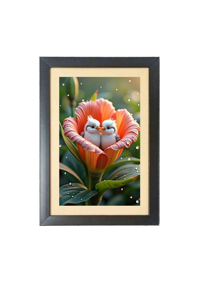Two cute little birds inside the little flower Photo Frame Funny Animal and Bird Cartoon Art, Black color, 17x21 Inch