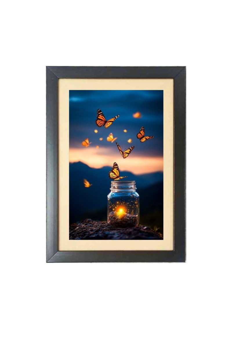 Beautiful butterfly flies are coming out of jar Photo Frame Funny Animal and Bird Cartoon Art, Black color, 13x17 Inch