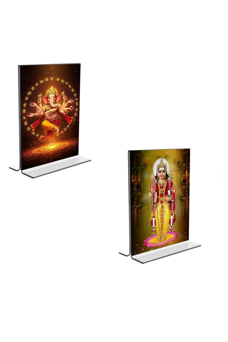 Car Desk/Table Top Sri Ganesh & Kartiyeka Acrylic T-Style Photo Stand - 2.5x3.5 Inches, Compact and Stylish Spiritual Display, easily change 2 photos (Pack of 1)