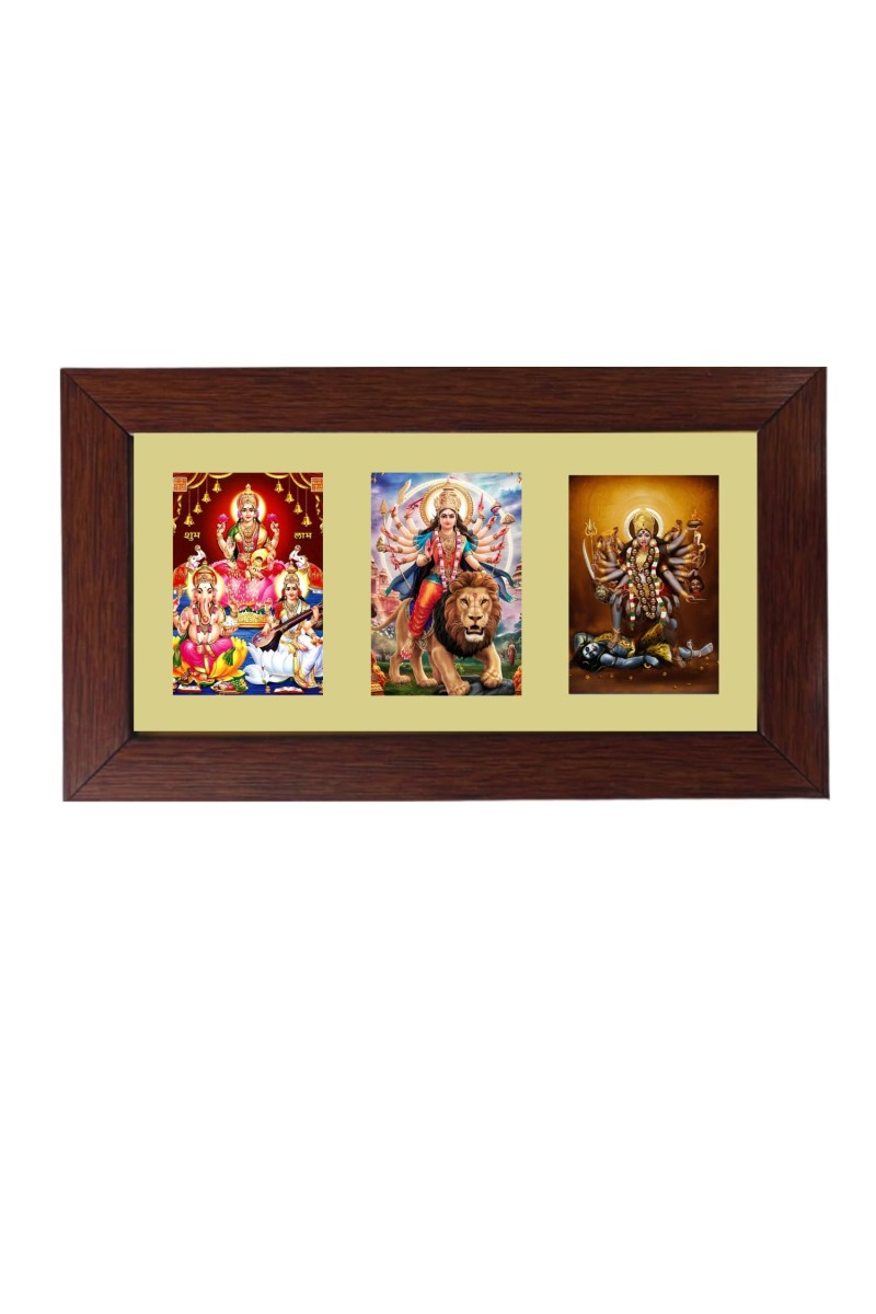 Sri Laxmi Ganesh Swaraswati, Sri Maa Durga and Sri Maa Kali Color Photo Frame -14X7.5 Inch, Elegant Religious Home & Temple Decor