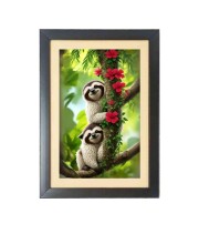 The cute sloths are holding tree Black Photo Frame Funny Animal and Bird Cartoon Art