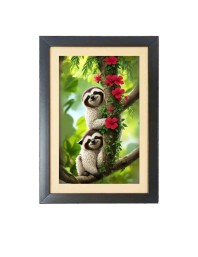 The cute sloths are holding tree Photo Frame Funny Animal and Bird Cartoon Art, Black color, 19x23 Inch