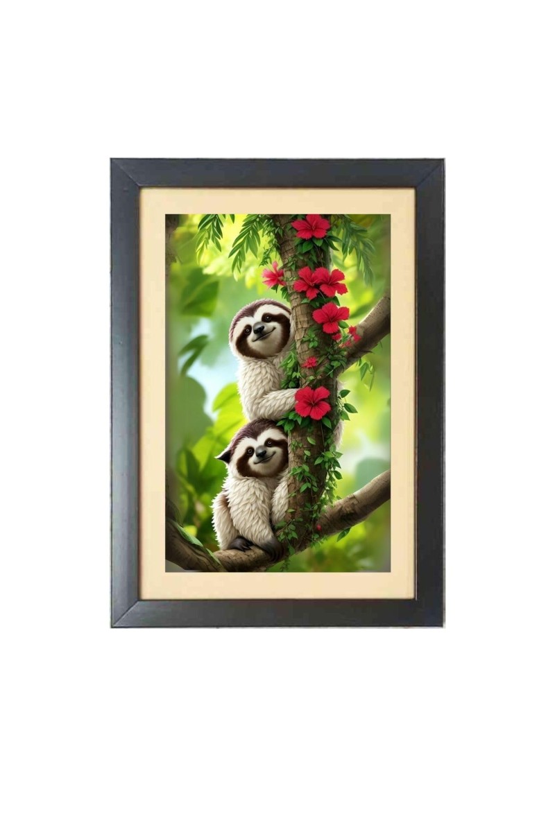The cute sloths are holding tree Black Photo Frame Funny Animal and Bird Cartoon Art
