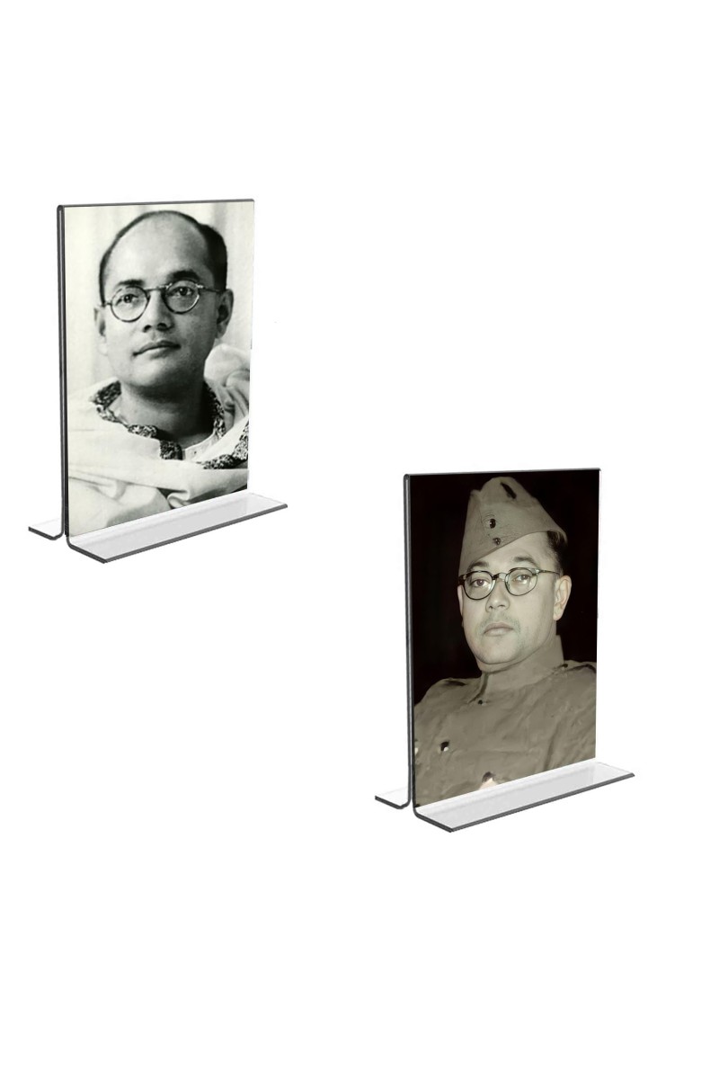 Car Desk/Table Top Netaji Subhas Chandra Bose Acrylic T-Style Photo Stand - 2.5x3.5 Inches, Compact and Stylish Spiritual Display, easily change 2 photos (Pack of 1)