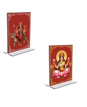 Car Desk/Table Top Maa Lakshmi & Maa Durga Acrylic T-Style Photo Stand - 2.5x3.5 Inches, Compact and Stylish Spiritual Display, easily change 2 photos (Pack of 1)