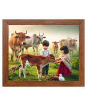 AI Funny Boy with Cow Art Picture for Kids - 10x14 inches, Brown Color - Perfect Wall Decor for Children's Room