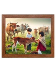 AI Funny Boy with Cow Art Picture for Kids - 18x22 inches, Brown Color - Perfect Wall Decor for Children's Room