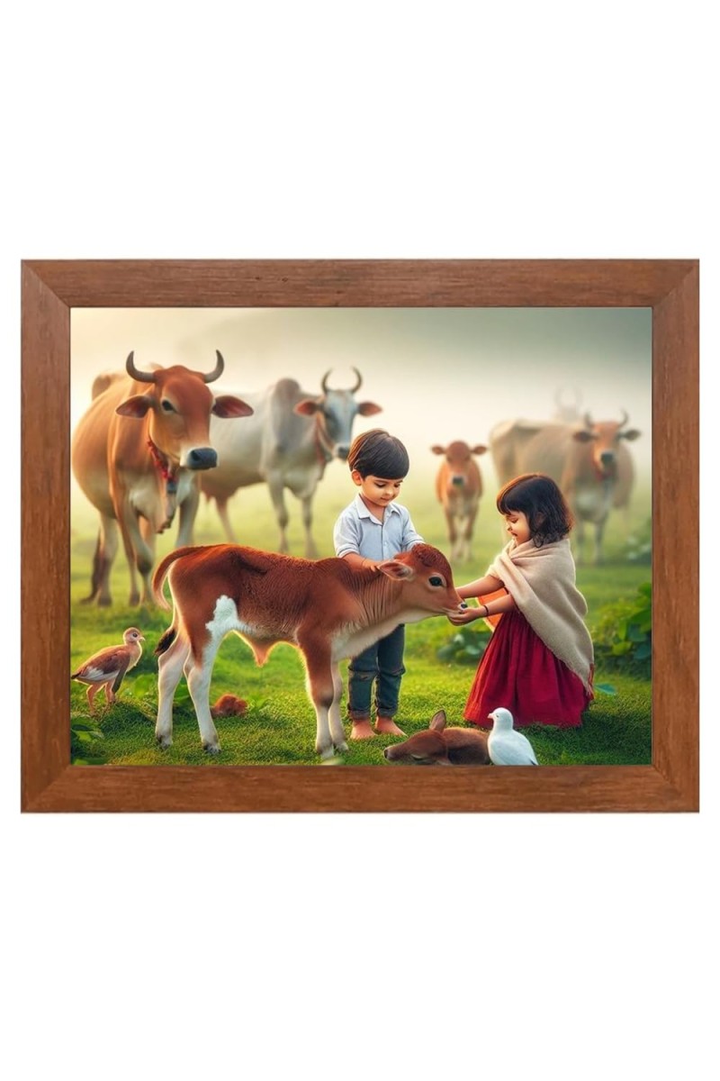 AI Funny Boy with Cow Art Picture for Kids - 16x20 inches, Brown Color - Perfect Wall Decor for Children's Room