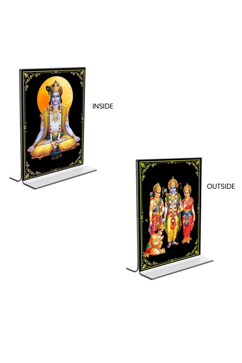 Car Desk/Table Top Sri Krishna & Ram Darbar Acrylic T-Style Photo Stand - 2.5x3.5 Inches, Compact and Stylish Spiritual Display, easily change 2 photos (Pack of 1)