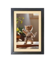 The funny cat is doing karate Photo Frame Funny Animal and Bird Cartoon Art, Black color, 19x23 Inch