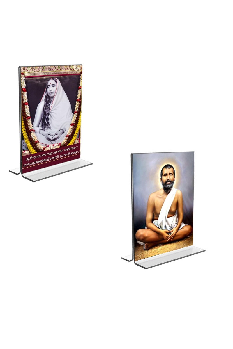 Car Desk/Table Top Sri Ramakrishna Paramhansa & Sarada Maa Acrylic T-Style Photo Stand - 2.5x3.5 Inches, Compact and Stylish Spiritual Display, easily change 2 photos (Pack of 1)