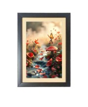 The beautiful butterfly fluttered near the mushrooms Black Photo Frame Funny Animal and Bird Cartoon Art