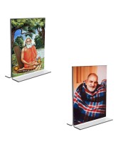 Car Desk/Table Top Maa Lokenath Baba & Neem Karoli Baba Acrylic T-Style Photo Stand - 2.5x3.5 Inches, Compact and Stylish Spiritual Display, easily change 2 photos (Pack of 1)