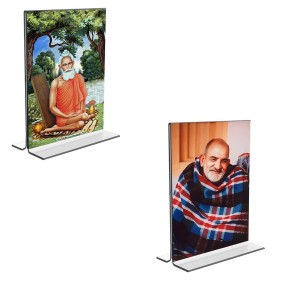 Car Desk/Table Top Maa Lokenath Baba & Neem Karoli Baba Acrylic T-Style Photo Stand - 2.5x3.5 Inches, Compact and Stylish Spiritual Display, easily change 2 photos (Pack of 1)