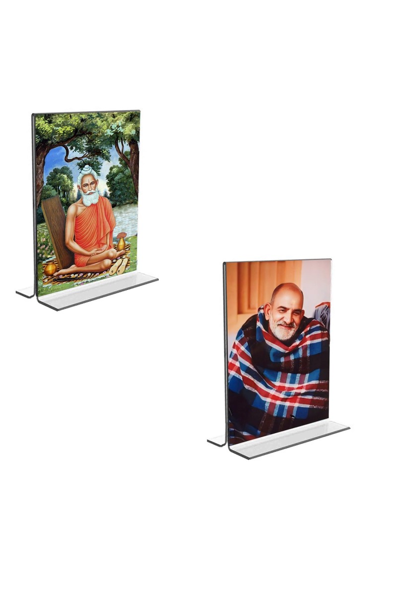 Car Desk/Table Top Maa Lokenath Baba & Neem Karoli Baba Acrylic T-Style Photo Stand - 2.5x3.5 Inches, Compact and Stylish Spiritual Display, easily change 2 photos (Pack of 1)