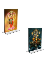 Car Desk/Table Top Lord Vishnu & Baba Lakhsmi Acrylic T-Style Photo Stand - 2.5x3.5 Inches, Compact and Stylish Spiritual Display, easily change 2 photos (Pack of 1)