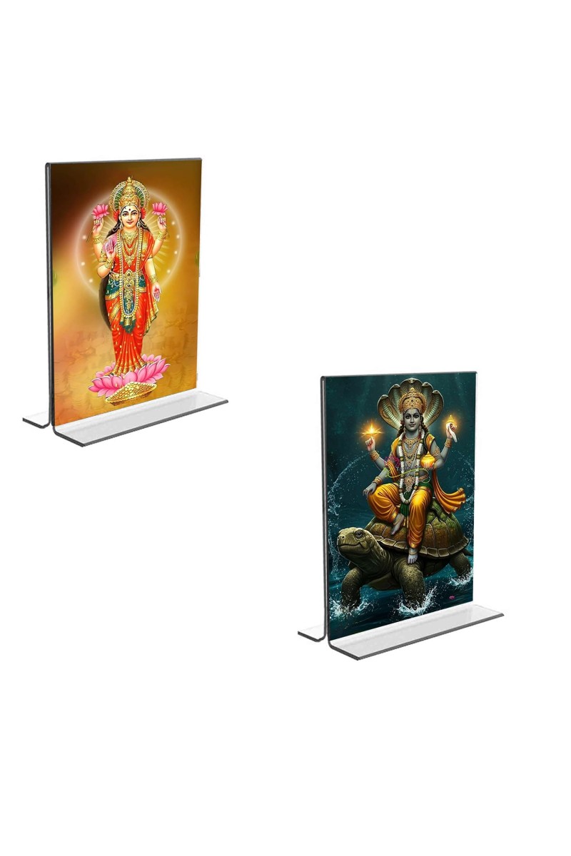Car Desk/Table Top Lord Vishnu & Baba Lakhsmi Acrylic T-Style Photo Stand - 2.5x3.5 Inches, Compact and Stylish Spiritual Display, easily change 2 photos (Pack of 1)