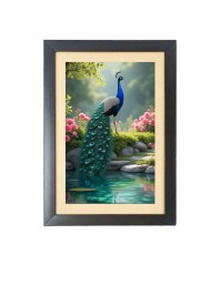 The beautiful peacock Photo Frame Funny Animal and Bird Cartoon Art, Black color, 19x23 Inch
