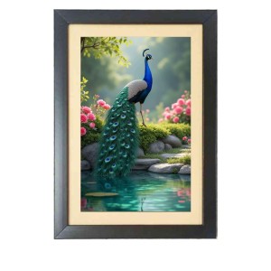 The beautiful peacock Photo Frame Funny Animal and Bird Cartoon Art, Black color, 15x19 Inch