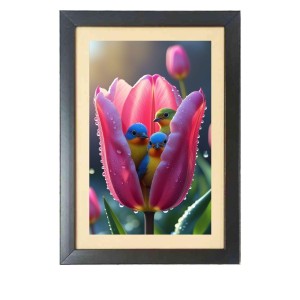 The colorful birds in the flower bud Photo Frame Funny Animal and Bird Cartoon Art, Black color, 15x19 Inch