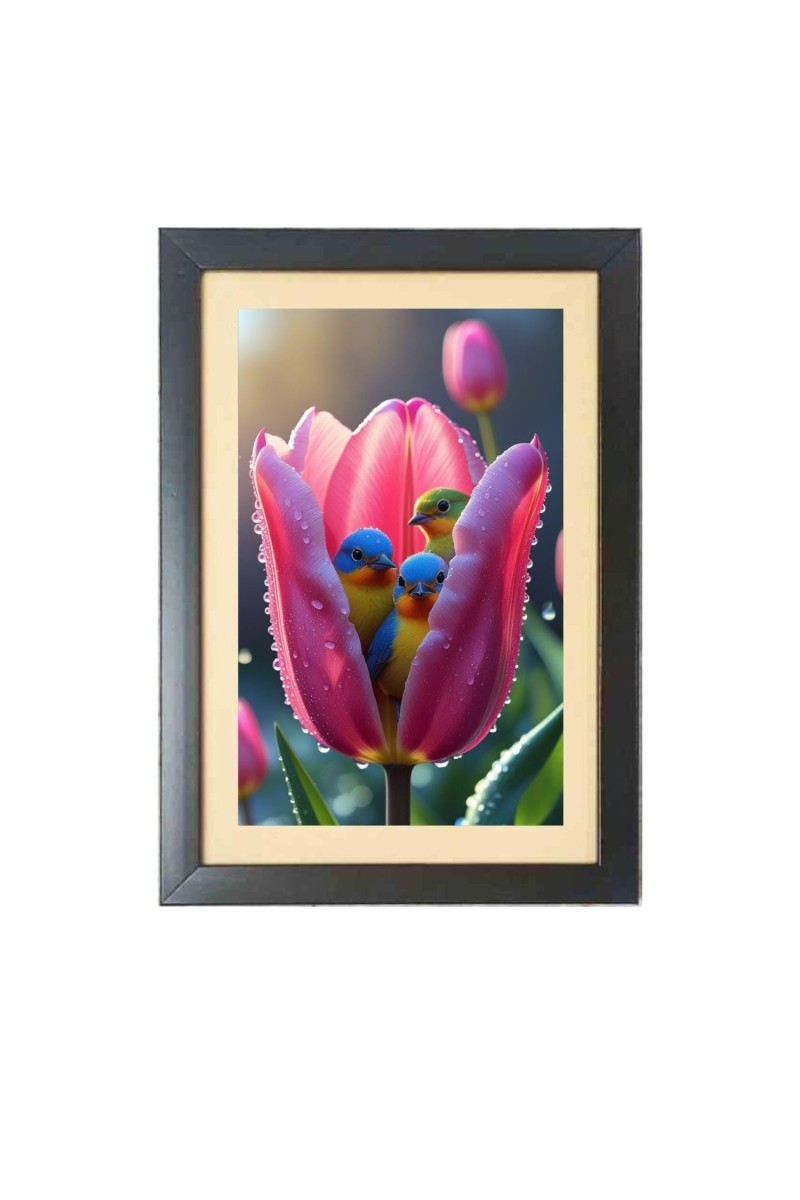 The colorful birds in the flower bud Black Photo Frame Funny Animal and Bird Cartoon Art