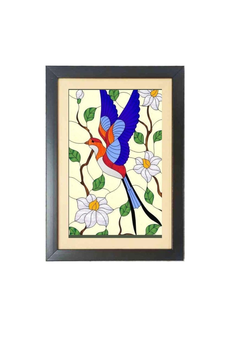 illustration in Stained Glass Style Black Photo Frame Funny Animal and Bird Cartoon Art